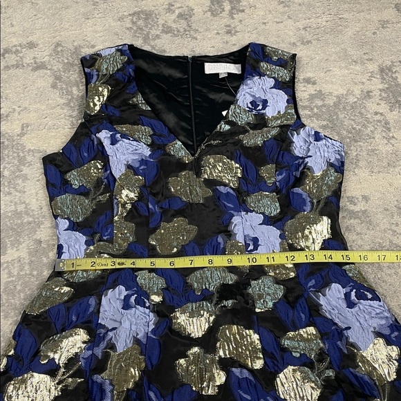 NWT Badgley Mischka Sleeveless A Line Floral Metallic Dress Blue Gold Sz 8 - Picture 9 of 11